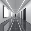 © MDISMAIL - The modern office hallway features a blank screen display for advertising, reflecting light on a polished floor, thereby creating a clean and professional atmosphere.