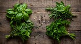 Vibrant fresh basil, rosemary, and parsley bundles with sea salt and peppercorns on a rustic wooden background, perfect for culinary use and healthy eating.