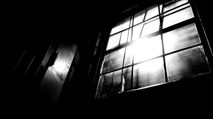 Wall Mural - Dramatic black and white image of window with sunlight streaming through, casting shadows and creating moody atmosphere. interplay of light and dark evokes sense of mystery and introspection