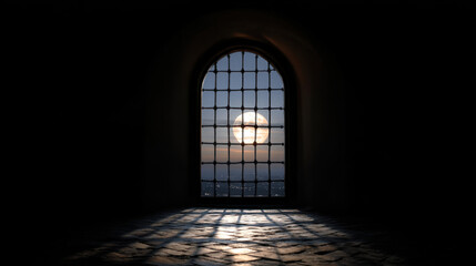 Wall Mural - Beautiful view of full moon shining through gothic style window, casting shadows on stone floor. scene evokes sense of mystery and tranquility, perfect for night setting