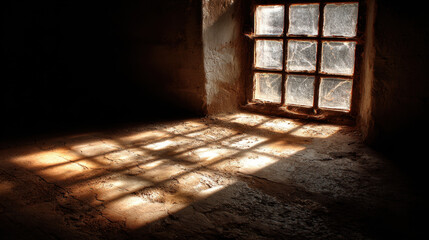 Wall Mural - Dimly lit room features rustic window with wooden frames, casting intricate shadows on textured floor. interplay of light and shadow creates serene atmosphere, evoking sense of calm and nostalgia
