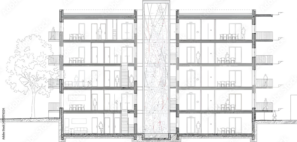 Architectural cross section drawing of a modern multi story residential ...