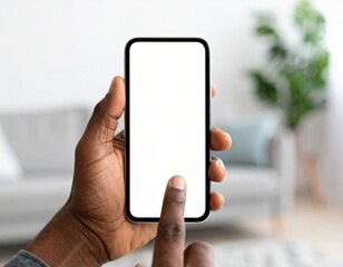 Hand holding smartphone with blank white screen mockup. Generated image
