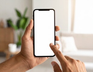Hand holding smartphone with blank white screen mockup. Generated image