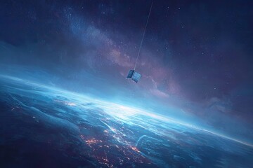 A boxy satellite floats above a vibrant blue Earth, bathed in starlight and cosmic hues