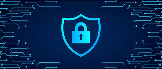Padlock on circuit board. Secure system and network protection technology concept. Cyber security technology futuristic background. Vector illustration design for banner and template.