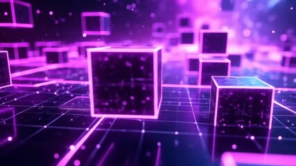 Abstract Purple Cubes Floating on Grid Network - Futuristic Technology