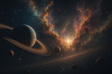 Wall Mural - dreamlike deep space vista with radiant nebulas ringed planets and glittering starfields painted in 