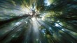 © XiZhuo - Abstract motion blur view of treetop canopy with sunlight filtering through, radiating beams of light creating a dreamy surreal effect, perfect for wellness themes, meditation visuals, spiritual co...