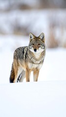 Naklejka na meble A captivating coyote stands poised in a snowy landscape, its gaze directed towards the viewer.
