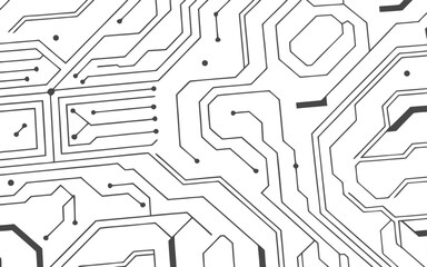Abstract futuristic circuit board pattern with digital technology elements in a clean white background 
