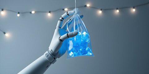 A white robotic hand holds a transparent pouch filled with blue ice-like objects illuminated by a string of lights against a gray backdrop creating a surreal ambiance