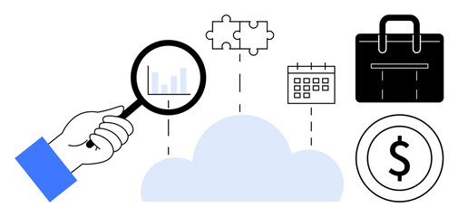 Hand with magnifying glass examining bar chart connected to cloud, puzzle piece, calendar, briefcase, and dollar icon. Ideal for business analysis, workflow, strategy, organization finance