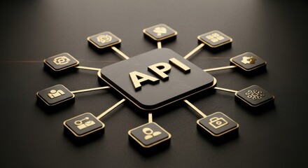 Black API node connected to eight squares on dark shiny background
