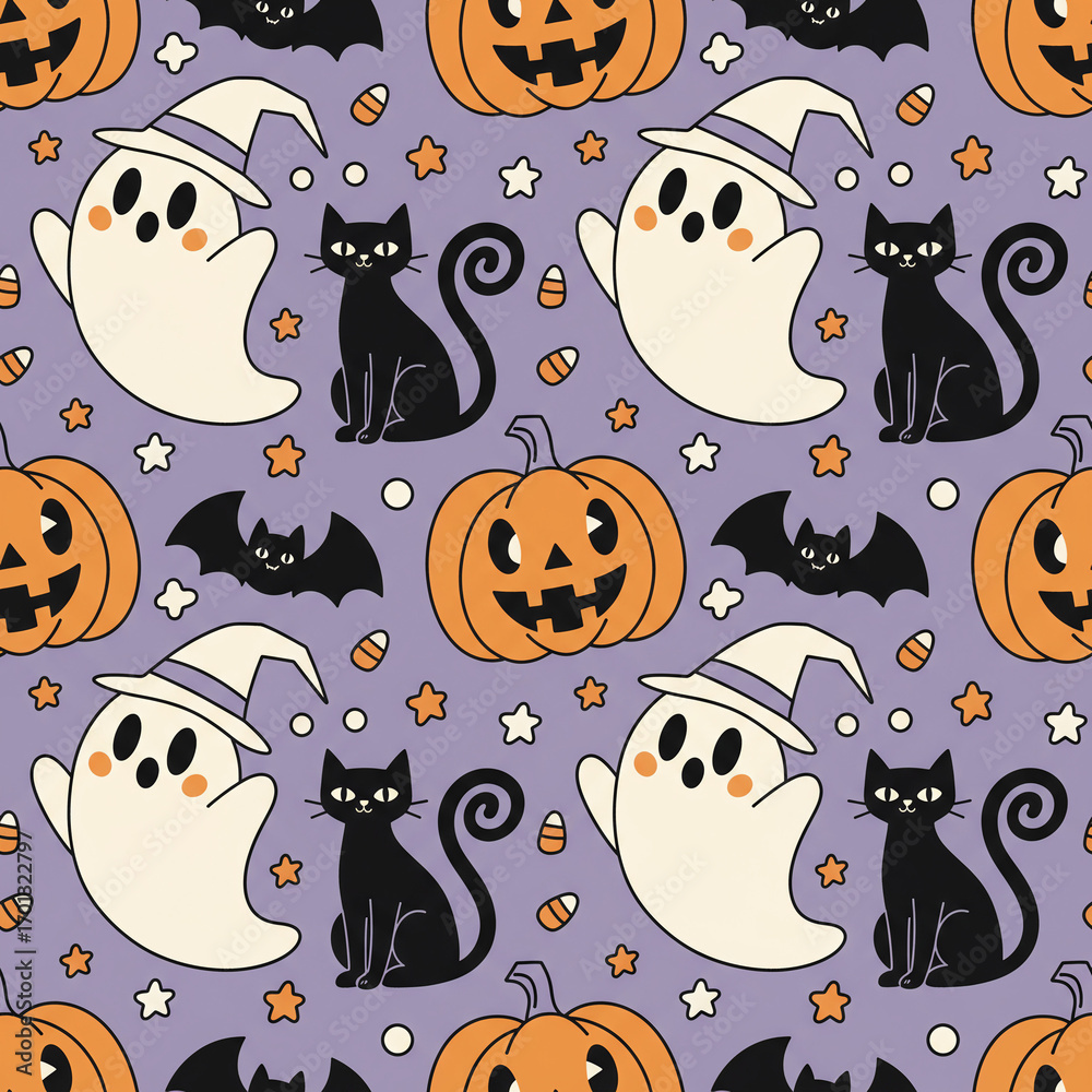 Cute Halloween seamless pattern with kawaii ghosts in witch hats, black ...