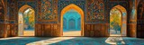 Ornate arches, intricate blue and orange tilework, with bright sunlight