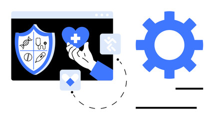 Wall Mural - Hand holding heart in front of a shield with medical icons on screen, large gear nearby. Ideal for healthcare, technology, protection, digital services, solutions, teamwork and innovation. Simple