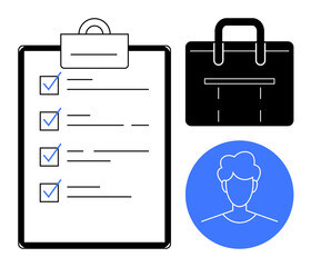 Wall Mural - Checklist with completed tasks, person profile in a blue circle, and briefcase. Ideal for workflow, productivity, career, human resources, project management organization focus. Simple flat