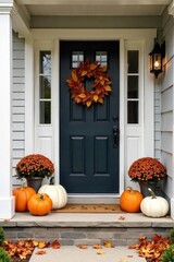 Wall Mural - A charming autumnal front porch display featuring pumpkins, gourds, and fall foliage Perfect for seasonal home decor inspiration , harvest, decoration, halloween