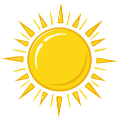 Wall Mural - Cartoon sun illustration, radiating cheerful yellow rays, sunshine, and warmth.