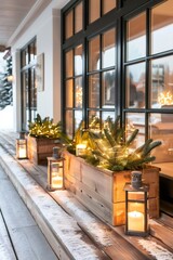 Wall Mural - christmas decoration illuminating snowy terrace of cozy house