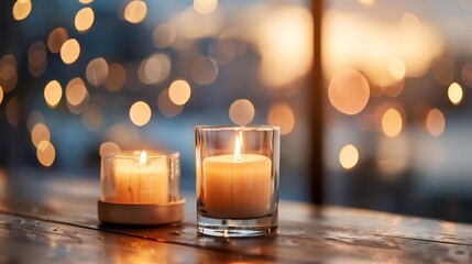 Wall Mural - two burning candles creating cozy atmosphere with bokeh lights in the background