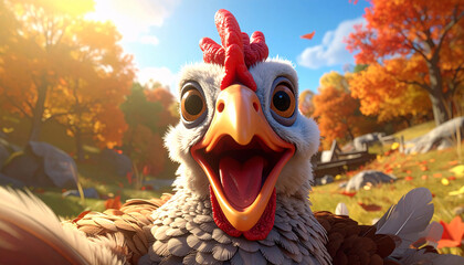 Funny Cartoon Turkey Chicken Taking a Close-Up Selfie with Wide Smile and Big Eyes in Colorful Autumn Forest, Cute Hilarious Farm Bird Portrait in Golden Fall Leaves, Happy Thanksgiving Season