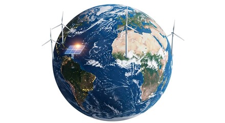 Earth globe with wind turbines and a solar panel on a white background