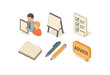 © Lion - isometric icon items isolated on white background learning mentor whiteboard checklist page open book pen set advice