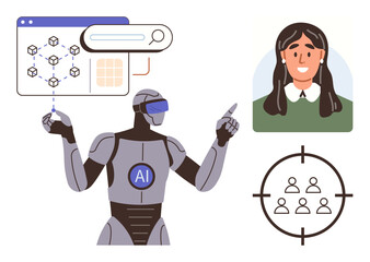 Wall Mural - Robot with AI logo analyzing data and profiles, human portrait, target group icon. Ideal for automation, personalization, AI, technology, innovation data processing customer segmentation. Modern