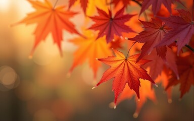 red and orange autumn maple leaves with bokeh background. high quality