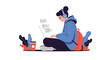 © Emon - Young person wearing headphones coding on a laptop enjoying music and a drink while studying outdoors among plants