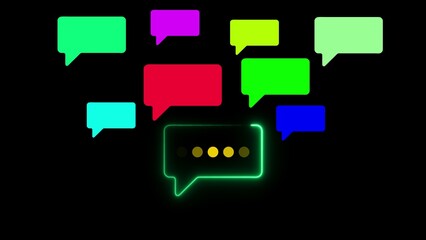 Colorful speech bubbles and neon chat indicator on black background communication message