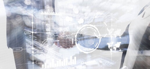 Wall Mural - Business intelligence control interface marketing finance management. Silhouettes in the background
