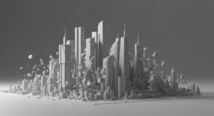 Abstract monochrome city skyline exploding into chaotic fragments.