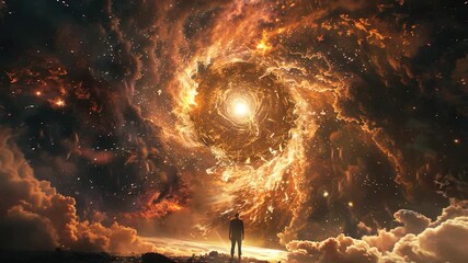 A person stands near a spirally formed object, potentially a sculpture or architecture