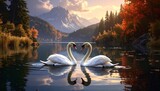 Two swans gracefully glide across a serene lake nestled amongst autumnal mountains, showcasing a tranquil and romantic scene.
