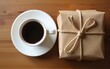© car - Overhead View of a Tied Kraft Paper Package Beside a Cup of Coffee on a Wooden Surface. High quality