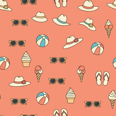 Summer vacation pattern with sunglasses, hats, balls, ice cream and flip flops, seamless pattern, royalty free stock.