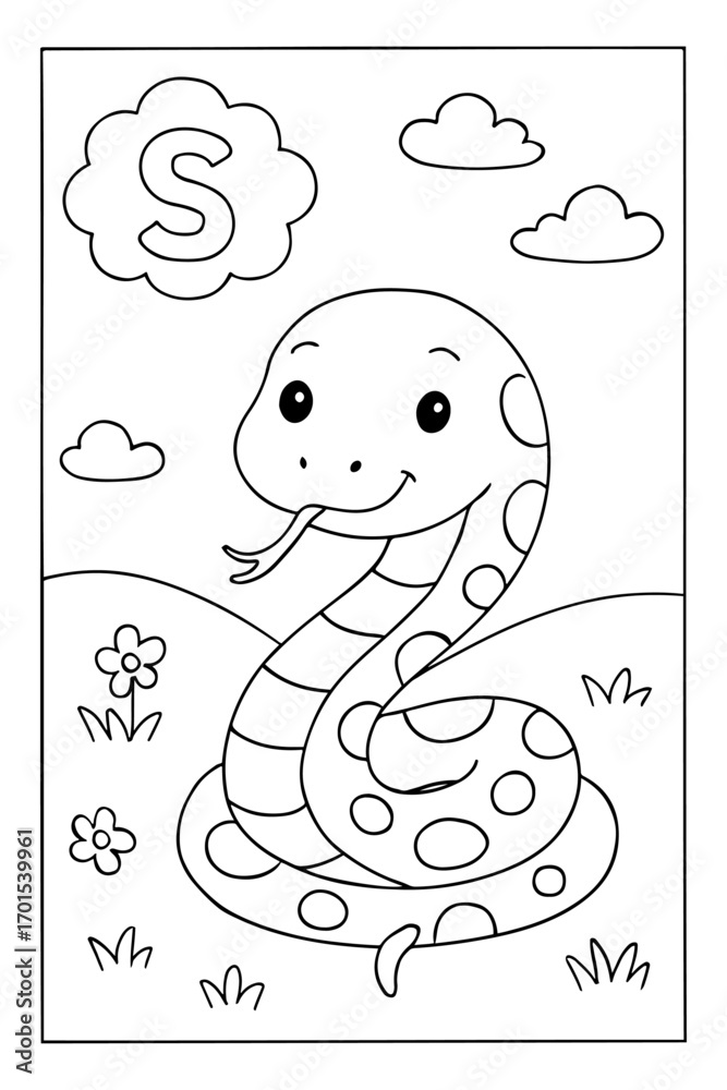 Alphabet coloring page with letter S and a cute snake in the garden, a ...