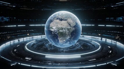 Wall Mural - Futuristic Earth Hologram Displayed in High-Tech Environment with Neon Illumination and Sci-Fi Elements