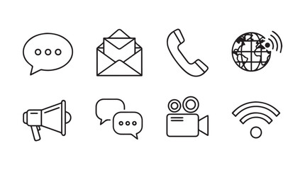 Collection of communication icons in a simple line art silhouette style