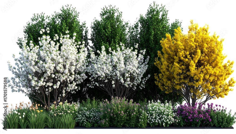 Variety of flowering trees and shrubs in a garden setting Stock Photo ...