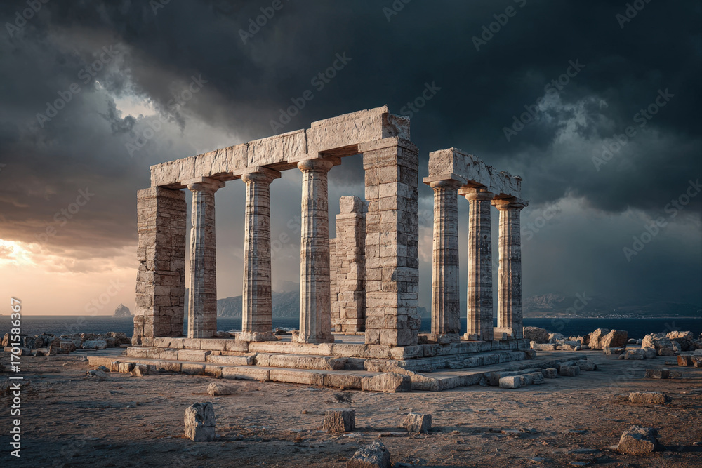 Greek Temple Between Rocks Ancient greek temple ruins with marble columns bathed in dramatic ...