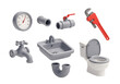 © designartwork28 - 3d icon of set of plumbing tools and fixtures including a toilet, sink, pipes, and wrench, isolated on transparent background