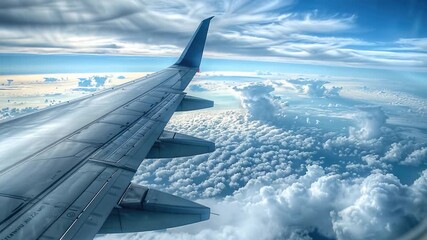 Wall Mural - Aerial view of an airplane wing flying high above fluffy white clouds