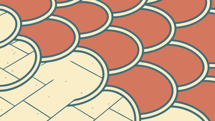 Abstract pattern of overlapping terracotta and blue curved shapes with white outlines on a beige background