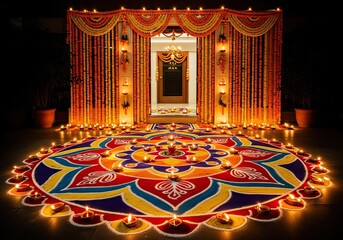 photo of a beautiful diwali decoration with a colorful rangoli design and candles in front of a door