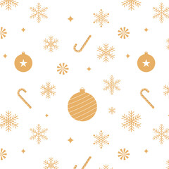 Wall Mural - Christmas ornaments seamless pattern.Merry Xmas repeat pattern with Christmas balls, candy canes and snowflakes.Luxury winter, new year pattern in gold isolated on white background.