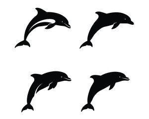  Four silhouette illustrations of dolphins leaping and jumping out of the water in dynamic poses